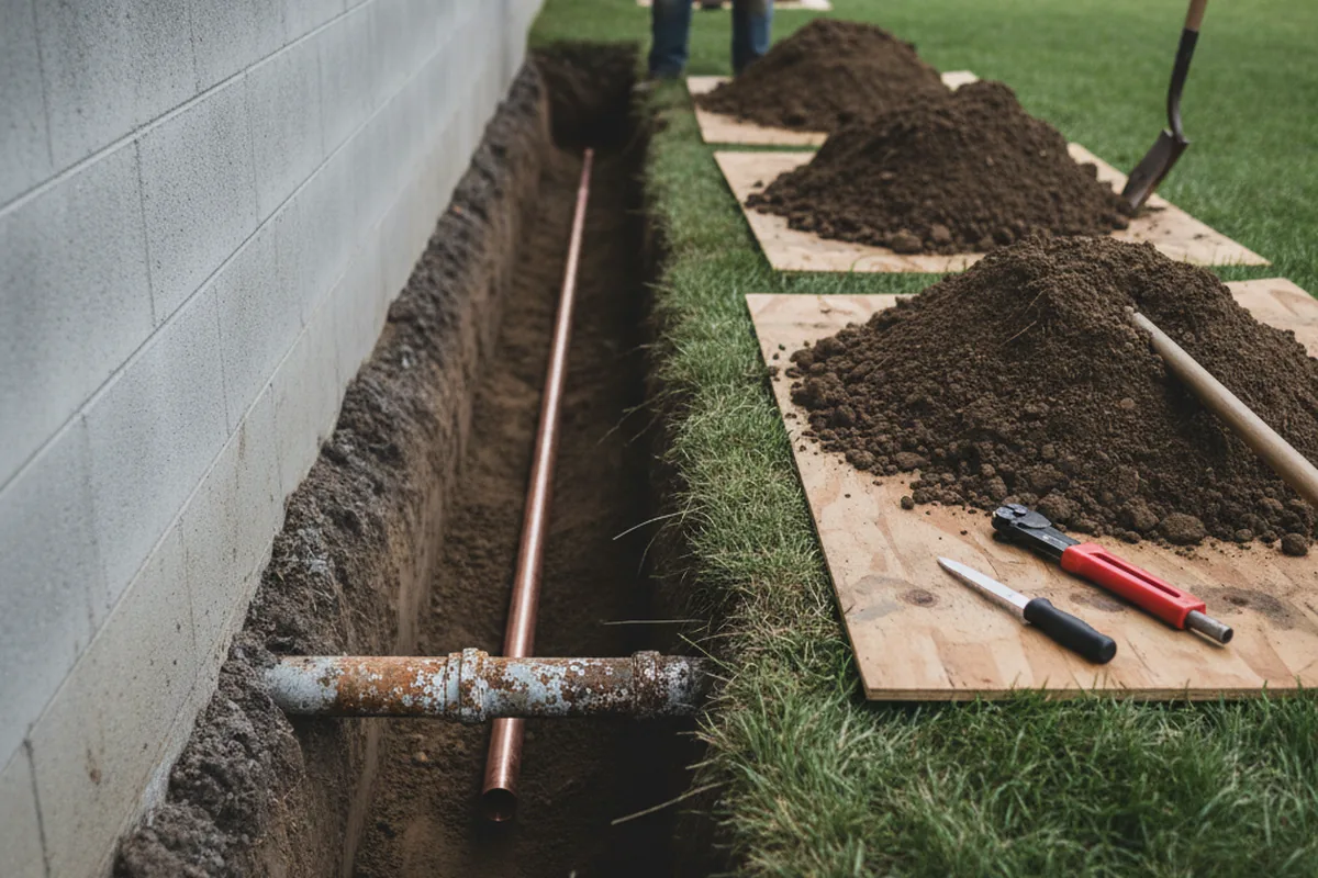 Excavated water line trench during Sewer Line Repair in Neptune